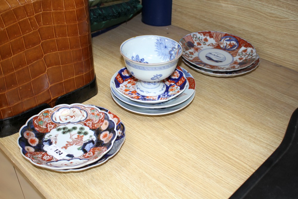 Seven Japanese Imari dishes and a stem bowl, Meiji period